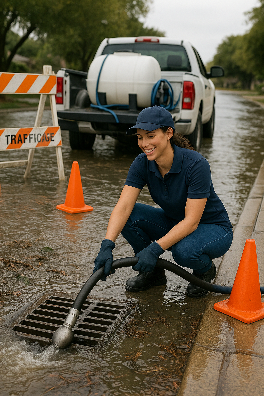 Areas We Serve Emergency Drain Jetting Baddie 4 in flooded city street hydro-jetting bulb serving Fort Worth Dallas Texas